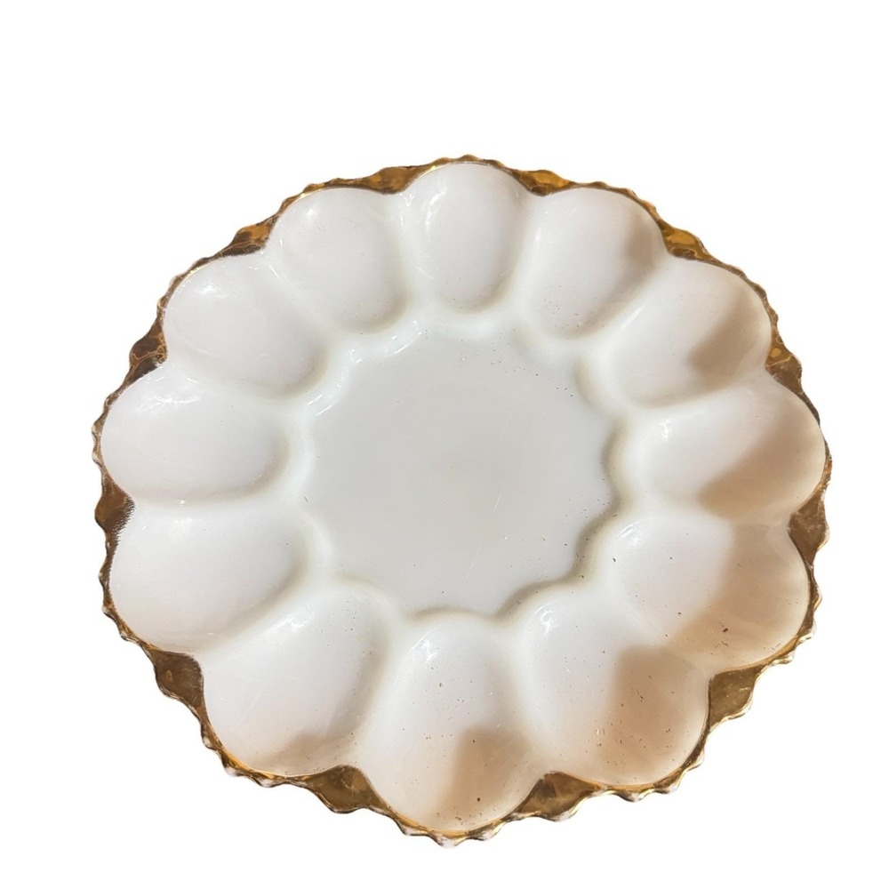Vintage Anchor Hocking Fire King Deviled Egg Plate Platter Gold Trim 10"